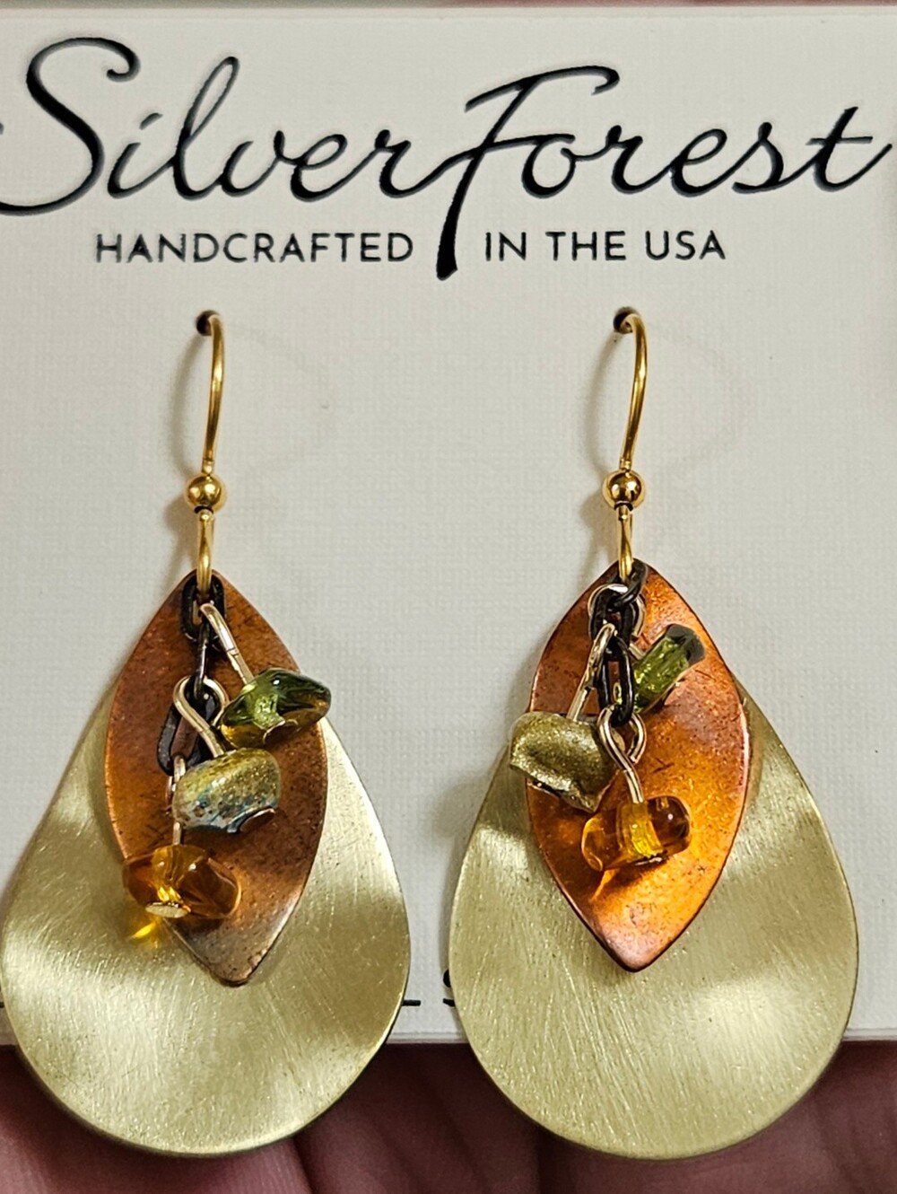 Silver Forest Gold Teardrop Floral USA Hand Crafted Hypoallergenic Earring